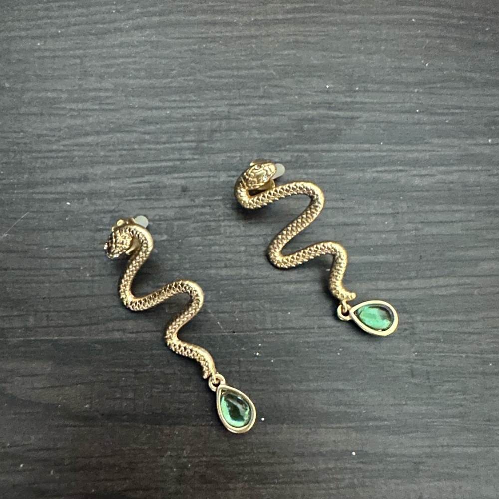 Lucky Brand: Gold Snake Earrings with Green Gemstone